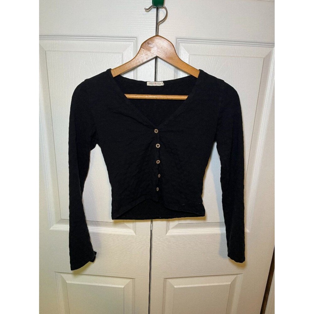 Heart & Hips Black Button Front Crop Top Long Sleeve Medium